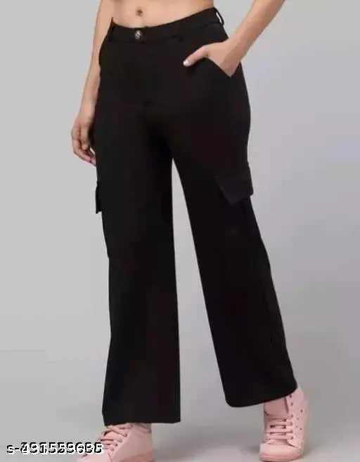 Black cargo pants for women, side pockets, zip fly