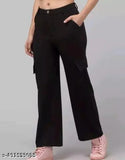 Black cargo pants for women, side pockets, zip fly