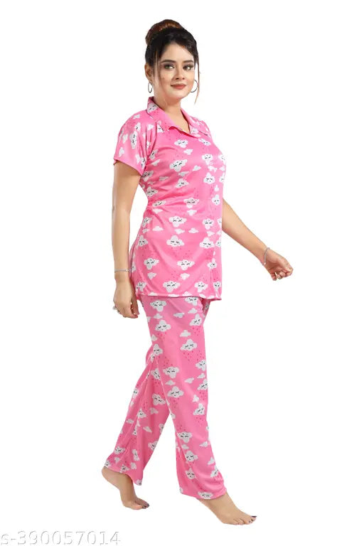 Malani women's printed satin shirt & pyjama coord set - printed satin night suite for women and girls on hanger