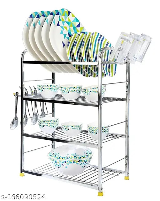 Stainless steel wall mount dish rack with 4 shelves, plate holder, cutlery holder, glass holder, 24x18 inches