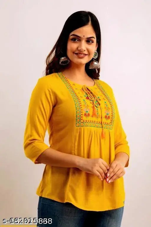 Mustard Georgette Rayon embroidered women's top, long sleeves, single size options available