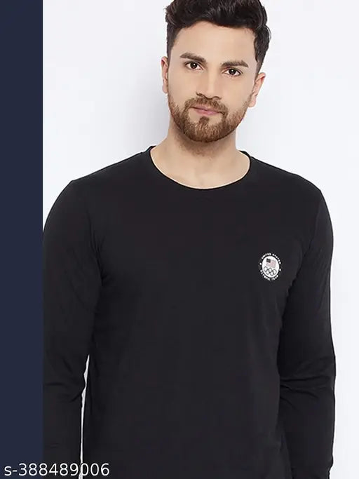 Soft cotton blend men's long sleeve round neck t-shirt, printed with denim jeans motif for casual style