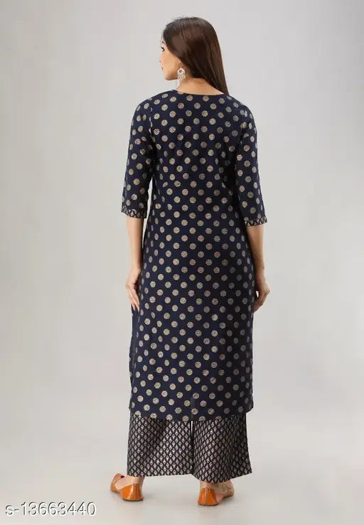 Gold-paneled rayon slub straight kurti with palazzos - Indian-made, three-quarter sleeves, keyhole neck, XS-5XL sizes