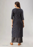 Gold-paneled rayon slub straight kurti with palazzos - Indian-made, three-quarter sleeves, keyhole neck, XS-5XL sizes