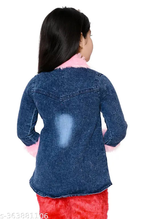 Blue cotton blend girl's full sleeve borg collar denim jacket