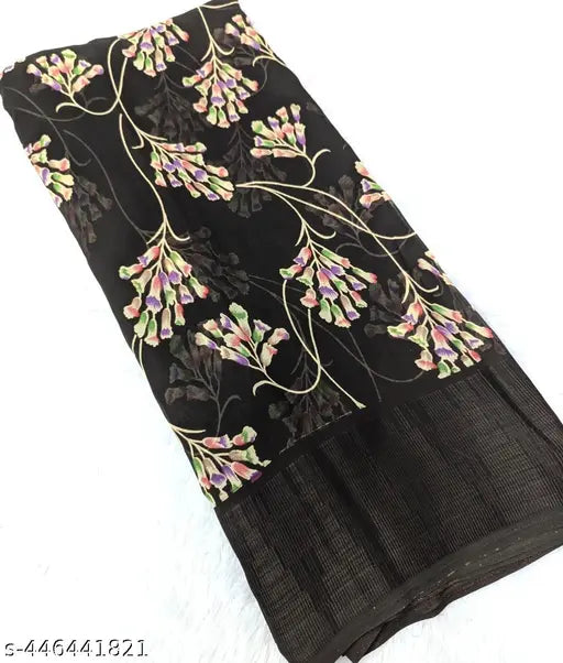 Gorgeous Goergeette Temple Border saree, black and gold hue with intricate floral embroidery detail