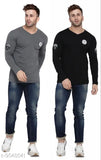 Grey Melange cotton blend long sleeve v-neck t-shirts pack 2 for men, self-design pattern