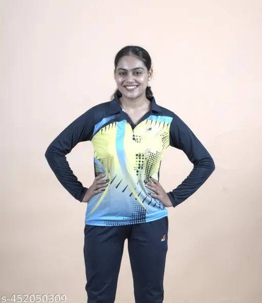 Yellow printed microfiber full sleeve sports cricket t-shirt for women, perfect for active wear