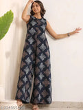 FCV rayon printed jumpsuit for women - sleeveless, vibrant rayon pattern, women's fashion accessory on hanger