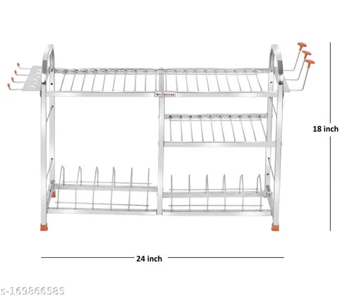 Stainless steel, modular kitchen storage rack with 3 shelves and lower shelf for plates, 2 upper tiered shelves for cutlery stand, dish rack with red accents, wall mountable