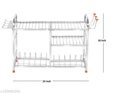 Stainless steel, modular kitchen storage rack with 3 shelves and lower shelf for plates, 2 upper tiered shelves for cutlery stand, dish rack with red accents, wall mountable