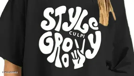 Oversized black cotton T-shirt with Stay Groovy print and zip closure