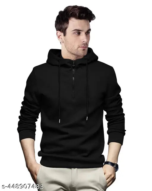 Black cotton blend hooded neck full sleeve t-shirt for men, regular fit and solid pattern Main image