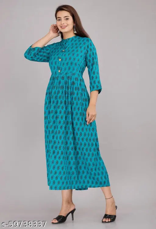 Rayon printed Anarkali kurta for women - Indian festive gown with three-quarter sleeves and rayon fabric