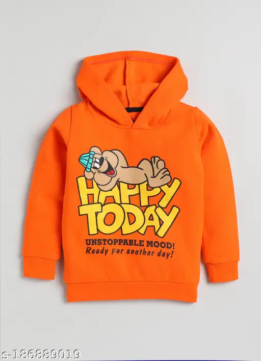 Lazy Shark Boys Orange Bear Typography Printed Hooded Fleece Sweatshirt