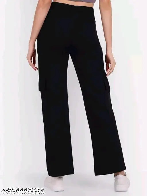 Black cargo pants with four pockets, designed for women