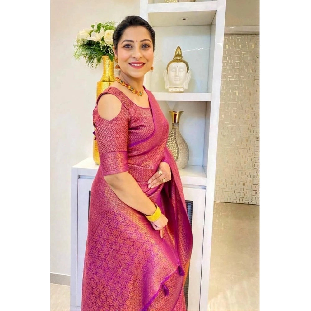 Soft pink lichi silk printed saree with unstitched blouse, 5.5mtr length