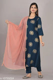Blue printed anarkali kurta set, long sleeves, lehenga style bottoms