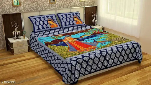 Elegant cotton flat sheets, regular thread count Jaipuri, double king size bedsheets on bed with 2 pillow covers, made in India