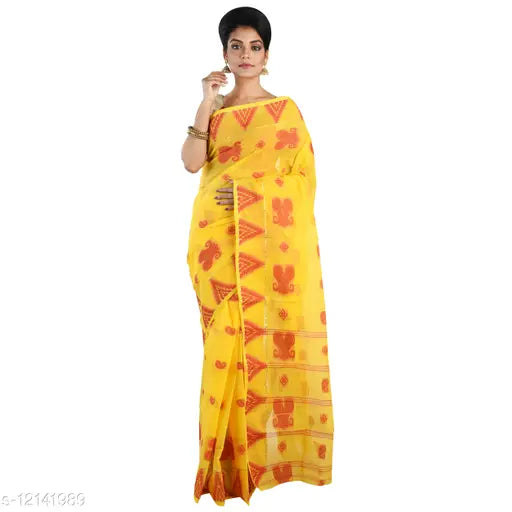 Yellow Jamdani-style Pure Cotton Tant Saree by Raj Saree House - Traditional Taant handloom for daily and party wear, heavy and all-season sarees