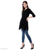 Black rayon women's top, solid design with three-quarter sleeves, available in XS to XXL sizes from India