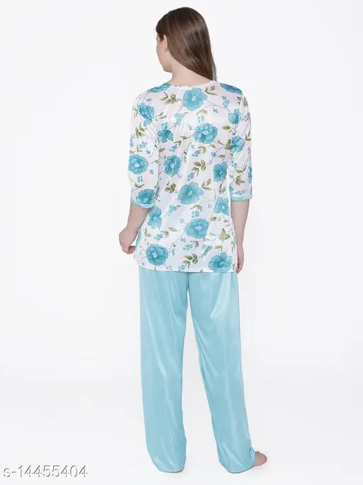 Floral print satin nightsuit top & long leg pyjama set - luxurious comfort, soft and comfortable satin free size