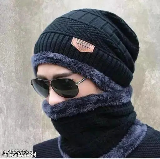 Light grey & black winter beanie cap with neck warmer & muffler, airproof, faux fur inner side, woolen material