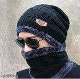 Light grey & black winter beanie cap with neck warmer & muffler, airproof, faux fur inner side, woolen material