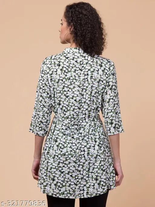 Hive91 Rayon Green Flower Tunic Front Pleats and Waist String 3/4 Sleeves Mandarin Collar Front Button Clouser.