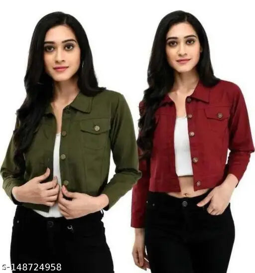 Green khaki denim fabric jacket with buttoned front
