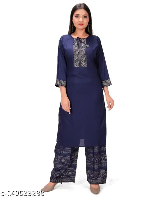Rayon printed kurta with plazzo set, solid net pattern, Indian rayon fashion for women