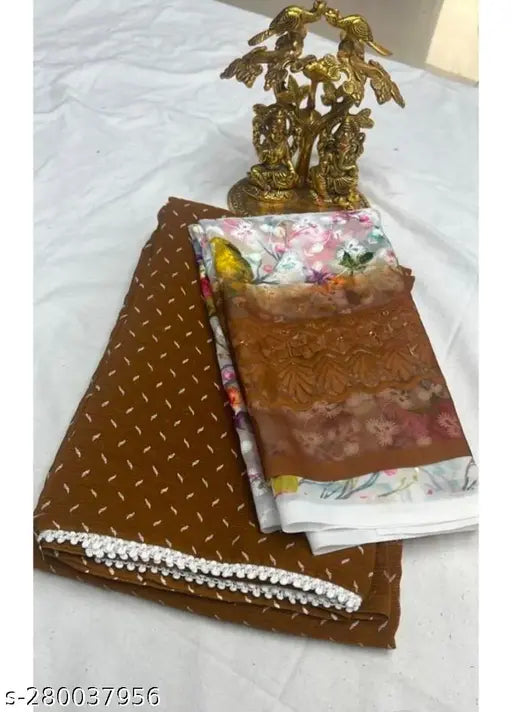 Women's/Girls' decorative saree with matching work blouse in floral print, packaged for gifting