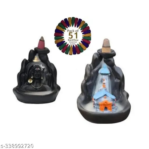 Poly resin Adi Shankara Mahadev miniature temple, handcrafted Kedarnath Dham backflow incense holder with 51 free smoke cones