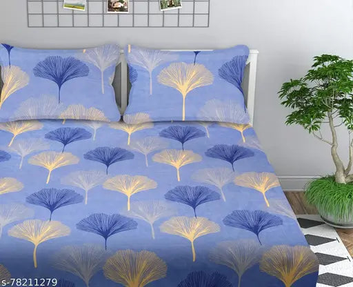 Light Blue & Golden, 180 TC Supersoft Premium Cotton Fitted Bedsheets & Pillow Covers for Double Bed (78x72+10), Breathable & Wrinkle Free