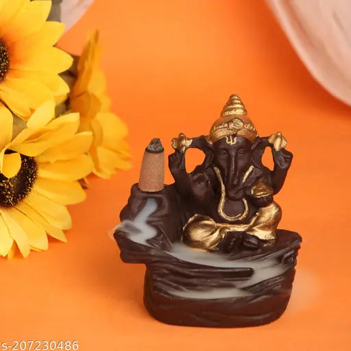 Premium poly resin Ganesh Idol (10cm x 13cm x 9cm) with free 10 backflow cones, Indian-crafted meditation decor