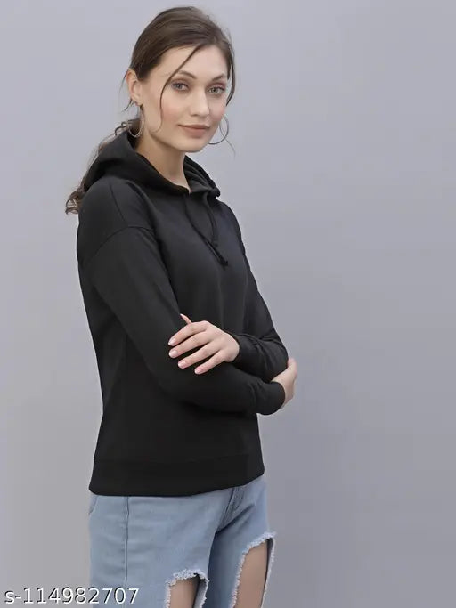Black cotton hooded sweatshirt, solid pattern, long sleeves, relaxed fit – Style Quotient Women's wardrobe essential