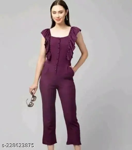 Wine cotton blend sleeveless western jumpsuit for women, solid pattern, perfect for parties