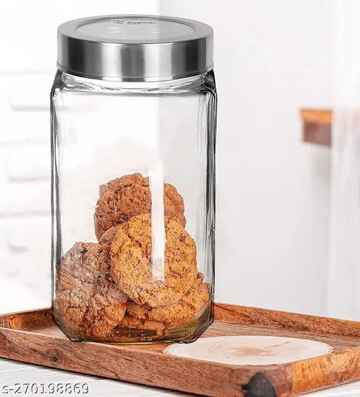 Airtight, transparent glass dry fruit jars (1Ltr), cube shape for kitchen storage - set of 6 (1kg each)