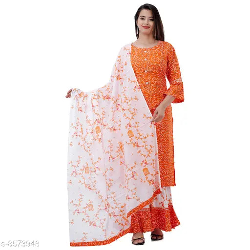 Orange and white printed kameez set with skirt