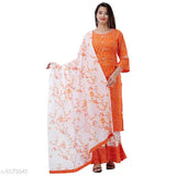 Orange and white printed kameez set with skirt