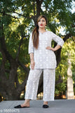 White cotton printed nightsuit for women, versatile two-piece set for daily multipurpose use, India origin