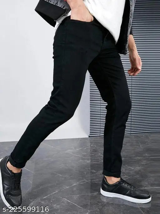 Black denim regular fit jeans for men, solid fabric, size 28 or 32