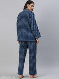 Divena blue printed nightsuit, cotton top and bottom, long sleeves, size options available, Indian-made sleepwear on model