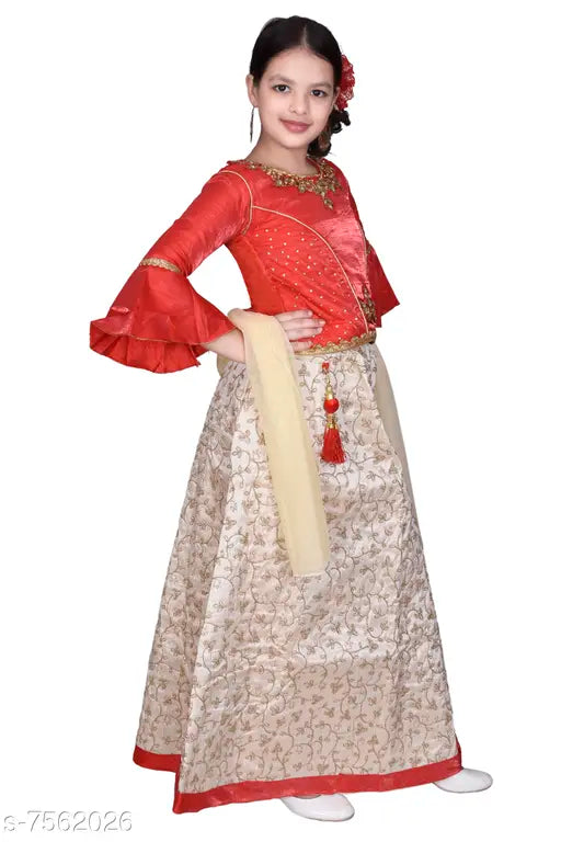 Red Silk Blend Embellished Lehenga Choli Set for Girls, solid net dupatta, long sleeves, Indian ethnic wear