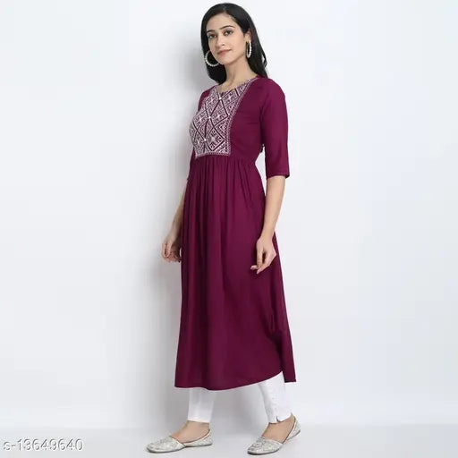 Rayon embroidered kurti, three-quarter sleeves, Indian fashion