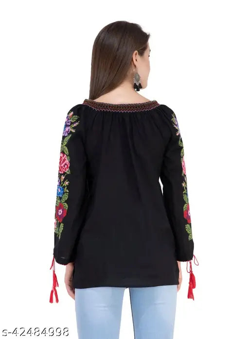 Black rayon embroidery top for women, long sleeves, formal/casual occasion, SAAKAA India origin
