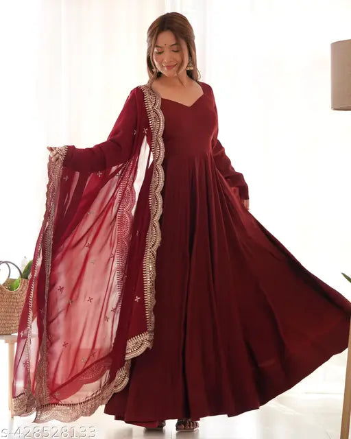 Premium quality pure Romansilk chanderi Anarkali with dupatta set, ready-to-wear. Heavy Romansilk chanderi anarkali gown with embroidery sequence work and padded sleeves." (124 characters)