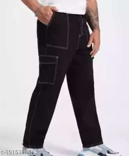 Black denim baggy cargo for boys, size fits 28-34 waist. Casual denim wear with abstract net pattern. Made in India