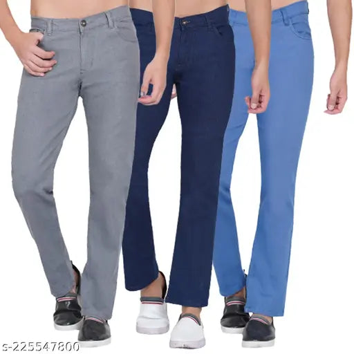 Dark blue cotton blend men's jeans pack 3: Solid stretchable, straight-fit, mid-rise denim in sizes 28, 30, 32, 34, 36, 38, and 40