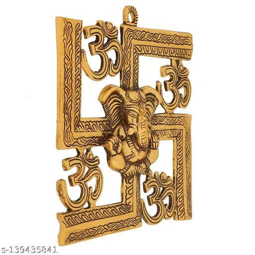 Metal net wall hanging of Lord Ganesha with swastik and Om, modern Indian religious decor